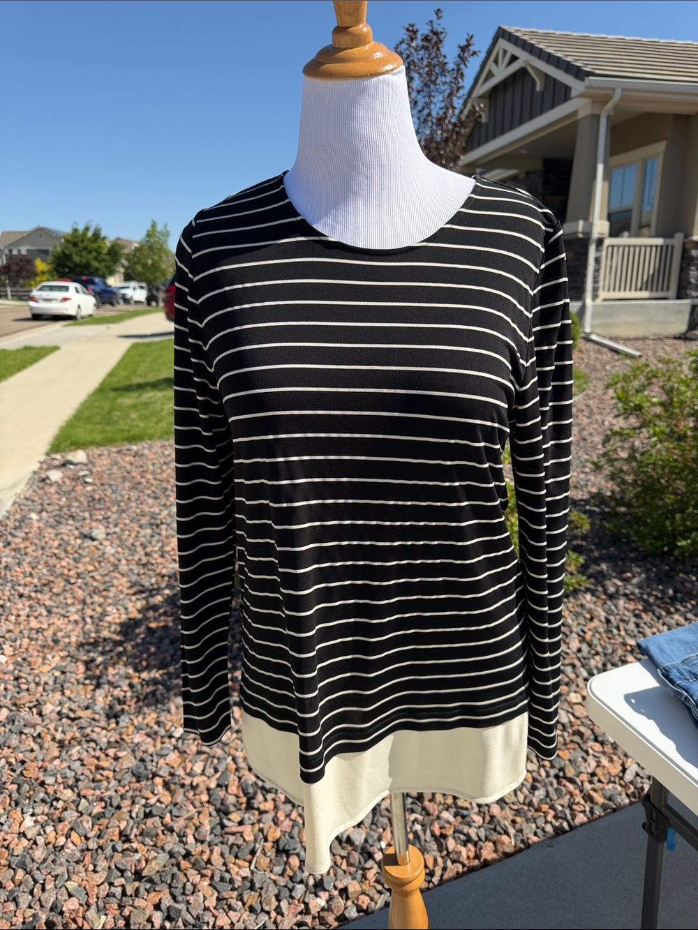 Lauren Ralph Lauren Black & White Striped Long-Sleeve Top with Contrast Hem